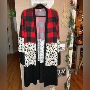Buffalo Plaid Leopard and Black Open Front Duster Cardigan Women’s Size XL
